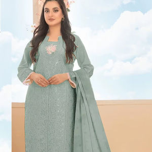 Salwar Kameez Formal para Mujer en Algodón Cambray Puro con Bordado Multihilo de Lentejuelas de 3mm, Secado Rápido, Semi-Confeccionado - Product Image 1