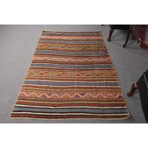 Alfombra Turca Vintage de 4.3x6.3 pies, Alfombra de Lana con Diseño a Cuadros Azules - Product Image 1