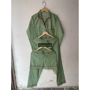 Wholesale Unisex Breathable <b>Summer</b> <b>Pyjama</b> Set Green Stripe Cotton Knitted Shirt 3-Piece Trouser Romantic Luxury Sleepwear Autumn - Product Image 2