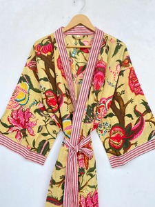 Bata Kimono Unisex 100% Algodón Puro, Transpirable, con Cuello en V, Cierre de Cinturón, Estampado de Aves, Larga, Suave, para Dormir, Descansar o Usar en la Playa - Product Image 3