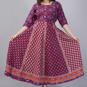 Novo design étnico Naaptol impressão algodão guarda-chuva (Anarkali) Kurti mangas anexado belo design impresso indiano