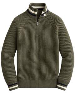 Manufacturer <b>Mens</b> Quarter Zip Knit Sweater Olive Green Ribbed Texture Stripe Collar High Neck Warm Winter Pullover OEM Custom - Product Image 1