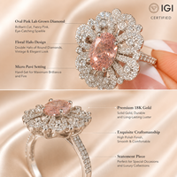 Bague de cocktail de luxe en or 18 carats avec diamant rose de laboratoire taille émeraude certifié IGI, halo floral, pour soirée, vente en gros OEM ODM