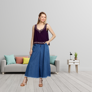 Diseñador bordado a mano Vintage púrpura Georgette Top espejo trabajo Casual azul Denim Palazzo pantalones elegante fiesta verano desgaste - Product Image 4