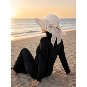 Sombrero de Vaquero Flexible Beige con Estampado de Hojas, Material de Papel Rafia, para Viajes al Aire Libre y Uso Casual, con Detalle de Cinta - Product Image 1