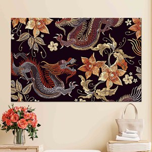 Toile imprimée : Dragon et fleurs - Décoration murale à motifs asiatiques, TOILE ENVELOPPÉE - Product Image 1