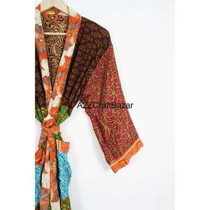 Handmade Luxury Long Silk Sari Kimono <b>Women</b> V-Neck Drawstring Full-Length Patchwork Robe Breathable Soft Elegant Quick Dry One - Product Image 3