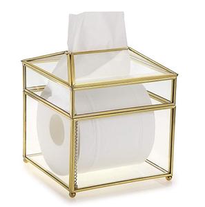 Boîte à mouchoirs en laiton et verre forme rectangulaire pour décor de table maison et hôtel porte-papier de soie fini or - Product Image 5