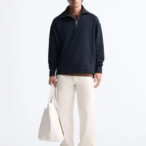 High Quality Men's 100% Cotton Quarter Zipper Hoodie Long Sleeve <b>Mock</b> <b>Neck</b> Sweatshirt with Embroidered Pattern for Autumns - Product Image 3