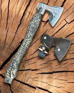 Hache Viking haut de gamme en acier à haute teneur en carbone forgé à la main avec gravure manuelle, pour l'extérieur, avec fourreau en cuir fin - Product Image 2