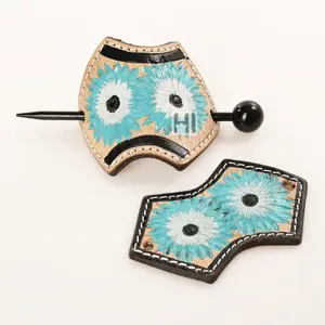 Trending Cowgirl Hand Tooled Cowhide Leather Hair Pin For Leather Hair Accessories Barrette With Wooden Stick Manufacturer