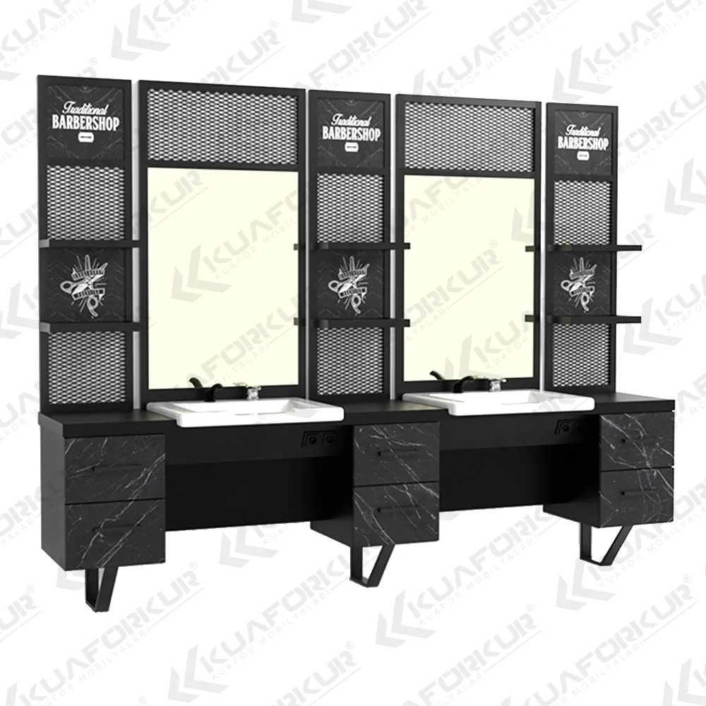 Groothandel Kappers Schoonheidssalon Set Kapper Unit Met Shampoo Wastafel Dubbele Spiegel Station Zwart Ijzeren Frame Fabriek Direct