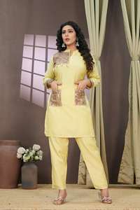 Femmes Eco soie deux pièces Satin fête robe de mariée naturel droite Silhouette dentelle broderie plaine haut pantalon vêtements de nuit été - Product Image 4