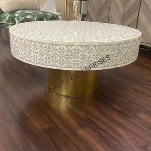 Mesa de Centro Redonda de Estilo Lujoso con Diseño Elegante Zig Zag, Incrustaciones de Hueso, Decoración Única para el Hogar, Mueble de Acento para Sala de Estar - Product Image 3