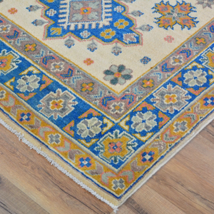 Tapis géométrique de style kazak tissé à la main bleu et ivoire pour la décoration de la maison du salon - Product Image 4