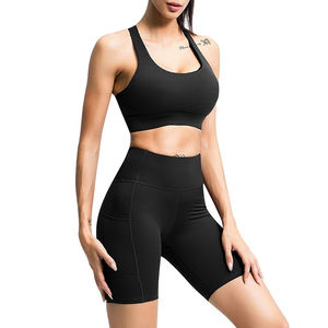 2022 venta al por mayor de alta calidad impacto personalizado mujeres actividad gimnasio desgaste Seta deportes sujetador y pantalones cortos elástico corto Yoga conjunto alto - Product Image 4