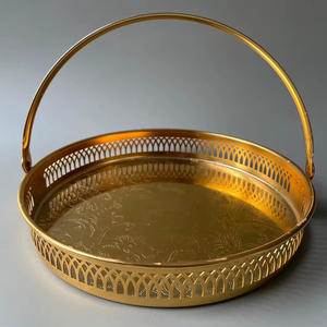 Plateau rond en métal, panier de service avec poignée, organisateur de rangement décoratif pour la maison, l'hôtel, le restaurant, cadeau de mariage, qualité durable - Product Image 1