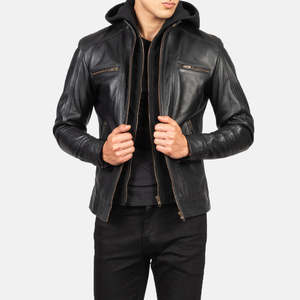 Hector Reversible Black Hooded <b>Biker</b> <b>Jacket</b> in Cowhide Lambskin Water-Proof Zippered XS for Autumn Spring Vintage Goth Style - Product Image 5
