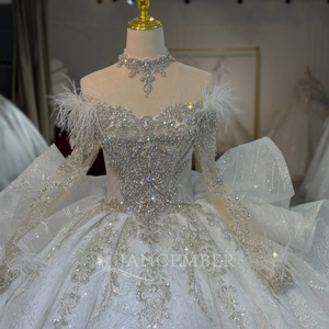 Robe de mariée élégante et moderne XS253, longue, à col bateau, en plumes et cristaux, avec applications en dentelle bouffante et motifs floraux - Product Image 5