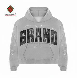 Sweat à capuche pour homme personnalisé vintage respirant en coton 100% tricoté imperméable avec impression à l'écran et strass lavage à l'acide - Product Image 6