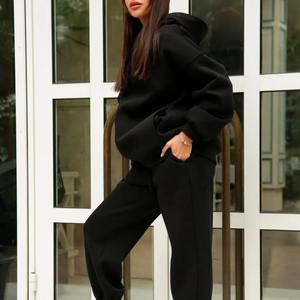 Pull femme à capuche solide coton manches longues sweats à capuche élastique taille haute cordon pantalon ensemble décontracté coton - Product Image 4