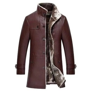 <b>Men's</b> Brown PU Leather <b>Jacket</b> <b>Long</b> Sleeve Stand Collar Windproof Casual Winter Coat Faux Fur Lined Slim Fit - Product Image 1