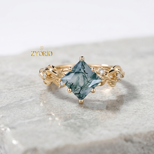Anillo de Compromiso de Oro de 18K con Ágata Musgosa, Anillo de Hoja de Diamante con Ágata Musgosa Verde Natural, Anillo de Promesa Nupcial de Lujo para Mujer - Product Image 2