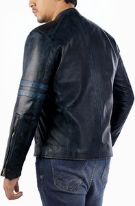เสื้อแจ็กเก็ตหนังสีดำสำหรับผู้ชาย, เสื้อแจ็กเก็ตมอเตอร์ไซค์สไตล์นักแข่งรถหนังแกะแท้สำหรับผู้ชาย - Product Image 4