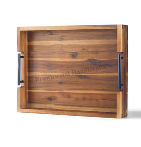 Bandeja para servir de madera de acacia natural con mango de metal Bandeja de madera segura para alimentos para uso doméstico y en restaurantes Ideal para servir desayunos - Product Image 2