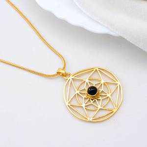 Brass Gold Plated Sacred Geometry Pendant With Black <b>Onyx</b> Healing Stone <b>Necklace</b> Boho Spiritual Jewelry For Women - Product Image 4
