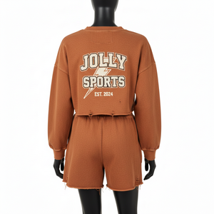 Women premium cotton fleece <b>rust</b> brown crop sweatshirt short set applique embroidery patch logo 100% Cotton Crop <b>Top</b> & Shorts - Product Image 2