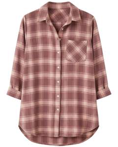 Chemisier ample à carreaux boutonné pour femme, rose mauve, manches longues, en flanelle décontractée, style tunique, vente en gros pour les tenues d'hiver - Product Image 1