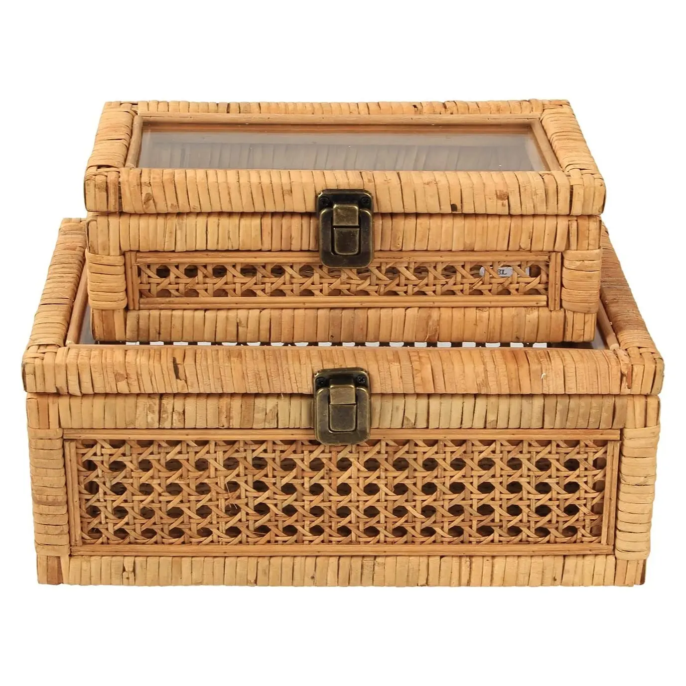 Set di scatole in rattan artigianali di vendita calda di Amazon con coperchio in vetro set di 2 scatole di canna e rattan per esposizione made in Vietnam