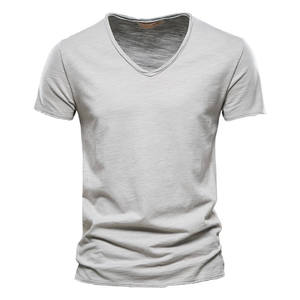 T-shirt à manches courtes en coton slub uni pour homme, col en V, coton pur, grande taille, t-shirt à manches courtes en V - Product Image 5