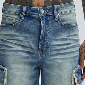 Shorts en jean cargo pour hommes, bleu marine, décontractés / Service OEM pour les acheteurs en gros, couleur unie, prix de gros, logo personnalisé avec fermeture à boutons - Product Image 3