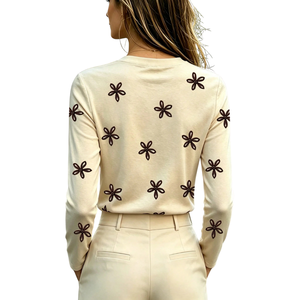 Haut tricoté à manches longues pour femme, imprimé floral, col rond, décontracté, confortable, pour usage quotidien, printemps-automne, vêtement tendance - Product Image 2