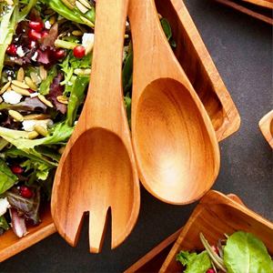 Ensaladera de madera de acacia y juego de servidor de 2 herramientas de cocina de lujo ecológicas hechas a mano para uso doméstico - Product Image 1