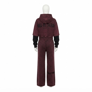 Custom <b>Women</b> Burgundy Acid Wash Cropped Hoodie Wide Leg <b>Jogger</b> Set Cotton Fleece Streetwear Tracksuit OEM - Product Image 4