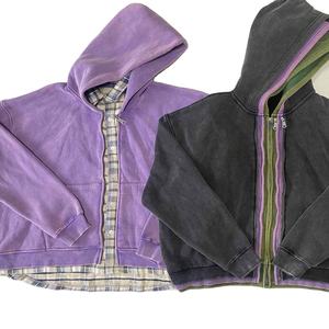 Vente en gros de sweats à capuche et vestes à capuche personnalisables avec logo, épais, délavés à l'acide, de haute qualité, à carreaux, style streetwear, coupe ample et courte - Product Image 3