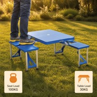 Table de pique-nique pliante bleue 4 places avec banc et trou pour parasol, structure en aluminium, portable pour le camping