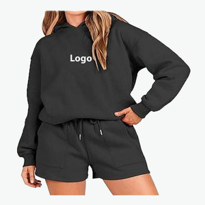 ชุดเซ็ตเสื้อฮู้ดแขนยาวและกางเกงขาสั้นลำลองคุณภาพสูงสำหรับผู้หญิง  รับสกรีนโลโก้  ลายเรียบ  ความยาวเหนือเข่า สำหรับฤดูใบไม้ผลิ - Product Image 4