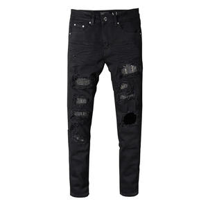 Prix d'usine, denim personnalisé de haute qualité, jeans strass décontractés, rue hip hop déchiré en détresse sous le pantalon strass - Product Image 1