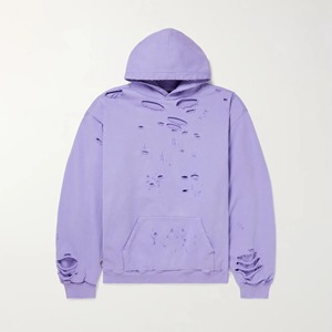 เสื้อฮู้ดดี้ผู้ชายทรงโอเวอร์ไซส์ ผ้าฝ้ายทอ 100% ย้อมสีพื้น แต่งลายขาดๆ  ใส่สบาย น้ำหนักเบา เหมาะสำหรับฤดูใบไม้ร่วง  รับสกรีนโลโก้ - Product Image 4