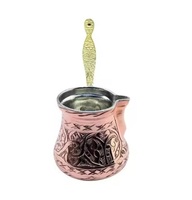 Pot à thé et café turc en laiton pur de couleur antique au design personnalisé Pot à café turc en relief Chauffe-lait avec couvercle en bois