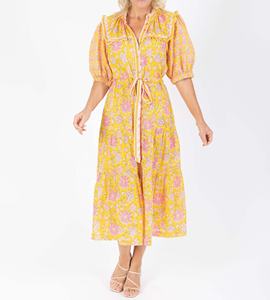 Exclusivo y Encantador Vestido Amarillo con Mangas Abullonadas, Puños Elásticos y Cintura Ajustada con Lazo - Product Image 4