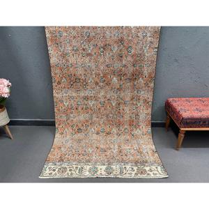 Vintage Rug 3.9x8 ft, <b>Brown</b> Green Striped <b>Wool</b> Turkish Rug - Product Image 1