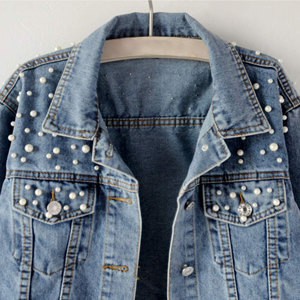 Chaqueta vaquera 100% personalizada de gran tamaño para mujer, chaqueta vaquera de manga larga con cuello levantado y perlas bordadas, chaqueta vaquera a prueba de viento - Product Image 3