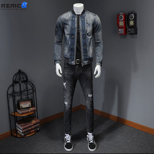 Chaqueta de mezclilla para hombre largo invierno Casual parche sin cuello bombardero piloto a prueba de viento - Product Image 5