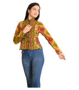 Handmade Quilted Women's Reversible Cotton Quilting Jacket Long Single Button <b>Coat</b> with Hand <b>Stitched</b> Block Print Floral Design - Product Image 5