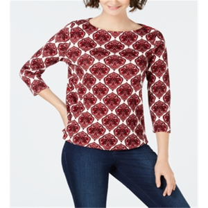 Top da Donna Charter Club in Cotone a Righe, Taglia Piccola, Colletto Alto Rosso, Bottoni sulle Spalle, Vestibilità Ampia, Stampa Floreale, Taglia XL - Product Image 1